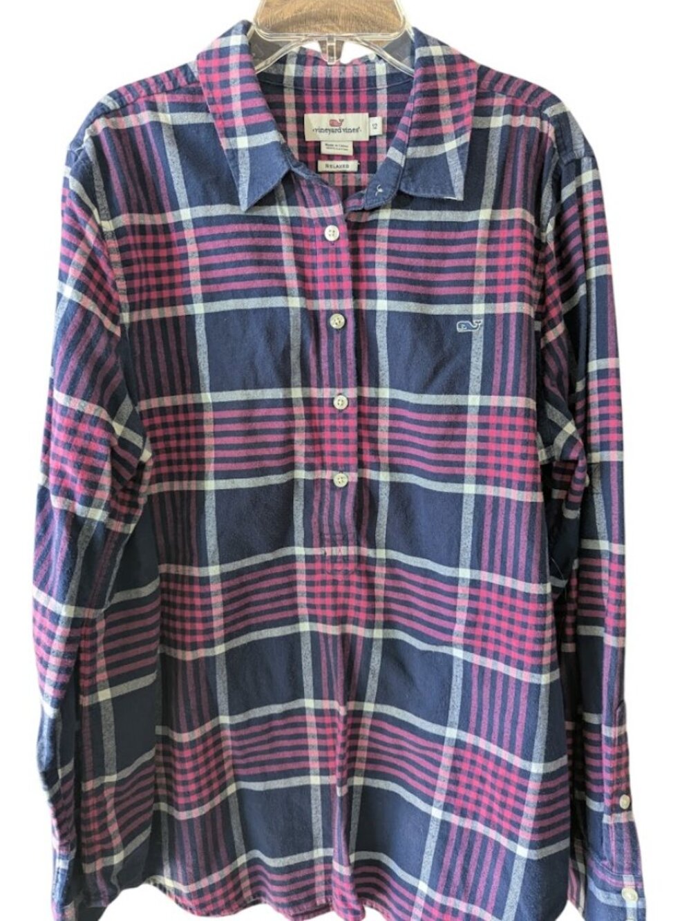Vineyard Vines Relaxed Plaid Flannel Shirt Women's Size 12 Pink Blue Cotton